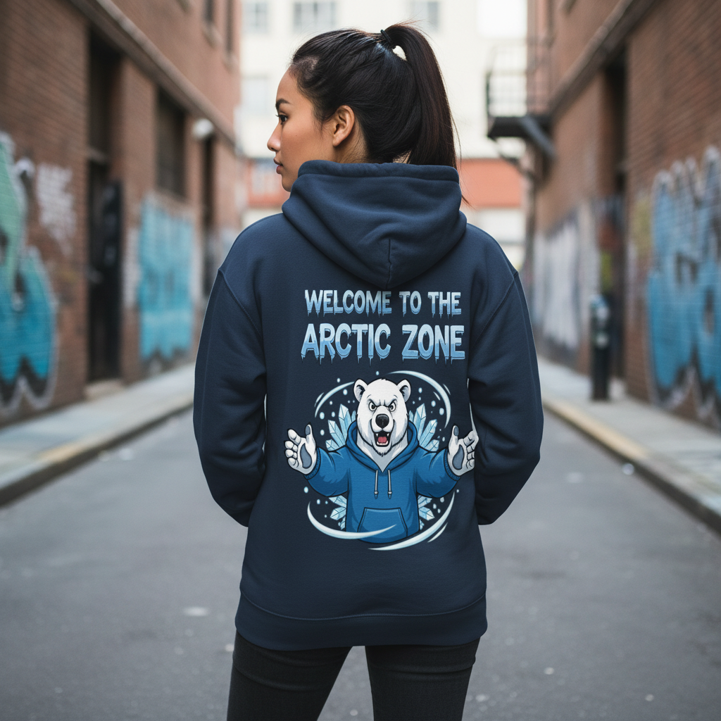 A woman standing in an alleyway wearing a navy hoodie with a graphic of a polar bear and the text 'Welcome to the Arctic Zone' on the back.