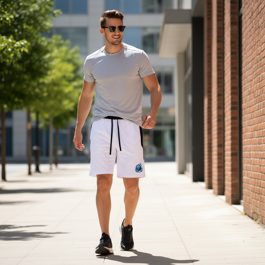Man smiling, wearing sunglasses, a gray t-shirt, white athletic shorts, and black sneakers walking outdoors on a sunny day.