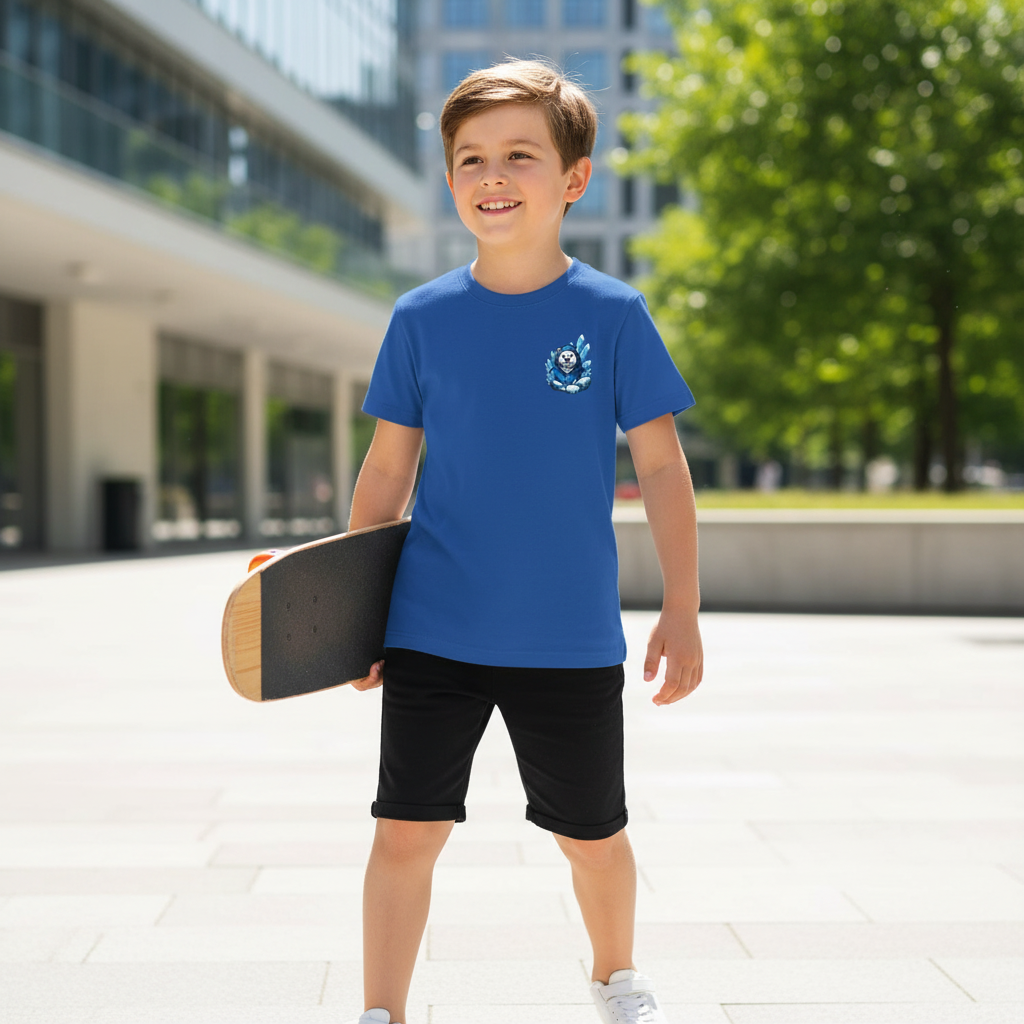 A young boy standing outdoors in an urban area, holding a skateboard, wearing a blue T-shirt with a crest, black shorts, and white sneakers, smiling on a sunny day with modern buildings and green trees in the background.