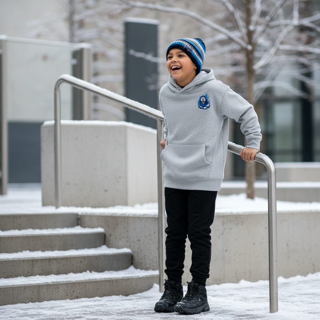 A young boy in a gray hoodie, black pants, and black boots, wearing a blue striped beanie, is smiling and standing on a snowy outdoor staircase, holding onto a handrail.