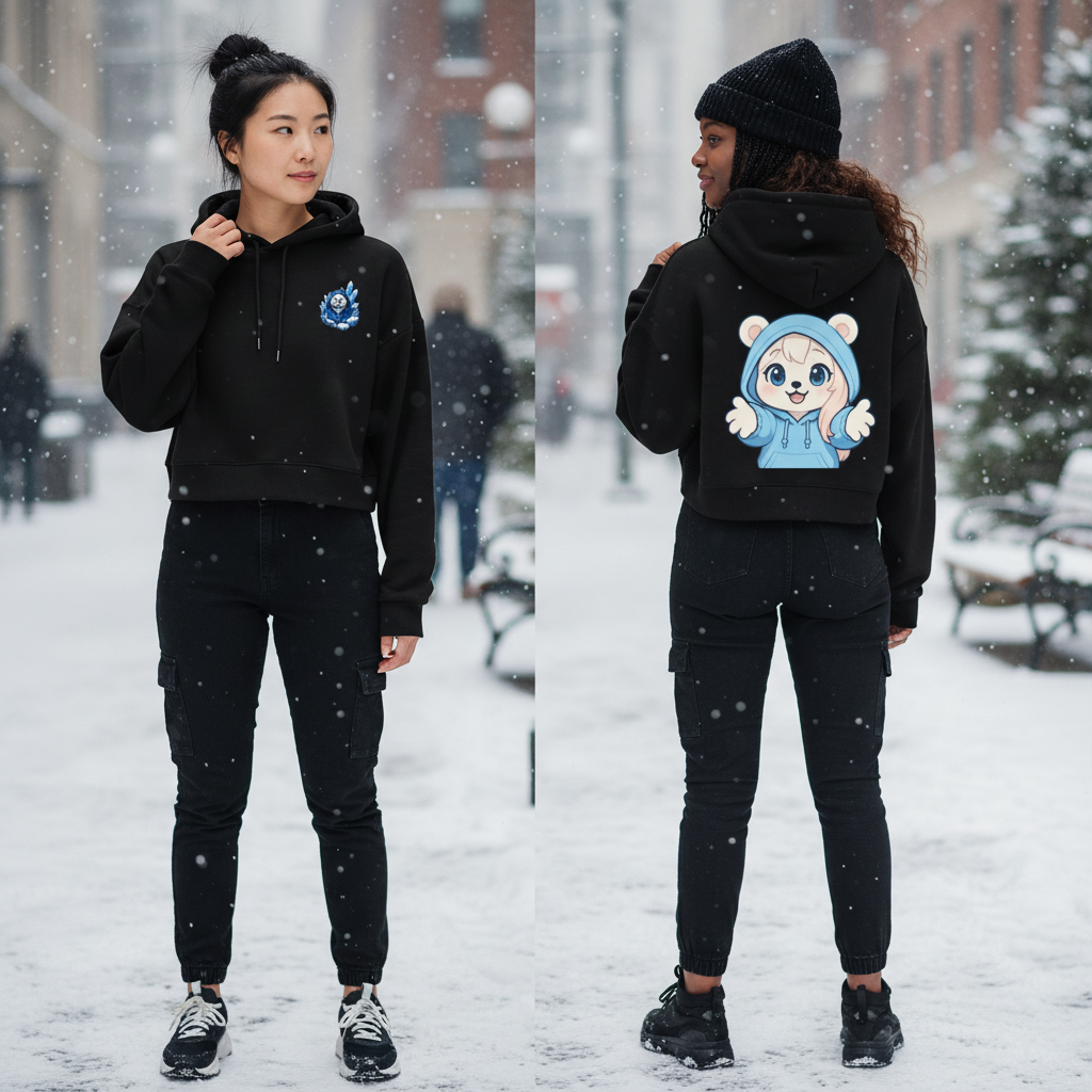 Two women standing outdoors in snow, wearing black hoodies with cartoon character designs on the back and front, black cargo pants, and sneakers, with falling snow in the background.