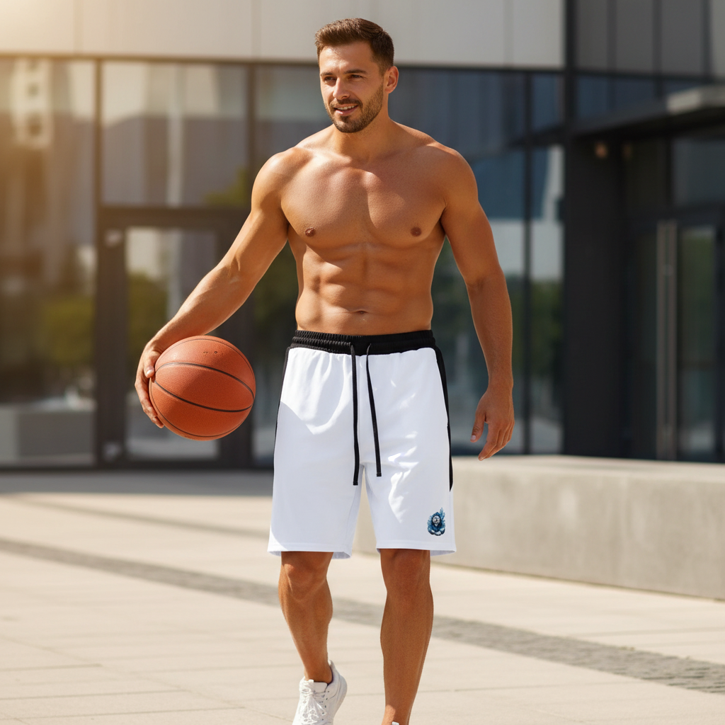A shirtless man with a beard, wearing white shorts and white sneakers, holding a basketball, walking outside near a modern building with glass windows.
