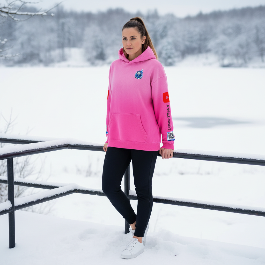A young woman standing outdoors in a snowy landscape, wearing a bright pink hoodie with patches on the chest and sleeve, black pants, and white sneakers, leaning against a black metal railing.