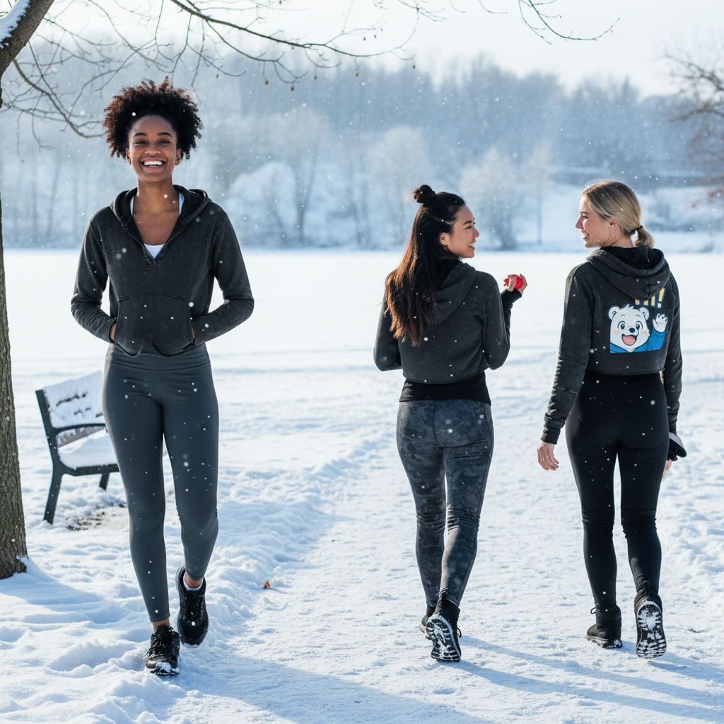Three young women walking and talking in a snowy park during winter. Two women are facing each other, smiling, with one holding an apple. The third woman is smiling, walking behind them. All are wearing athletic winter clothes.