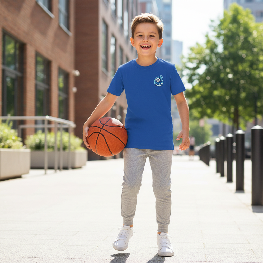 A boy smiling and holding a basketball, walking on a city sidewalk on a sunny day.