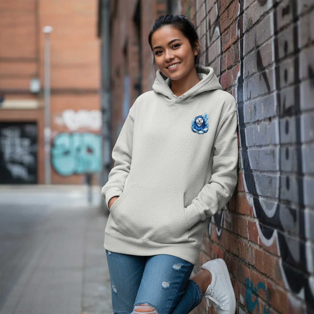A young woman in a beige hoodie with a sloth patch, blue ripped jeans, and white sneakers leaning against a graffiti-covered brick wall, smiling outdoors.