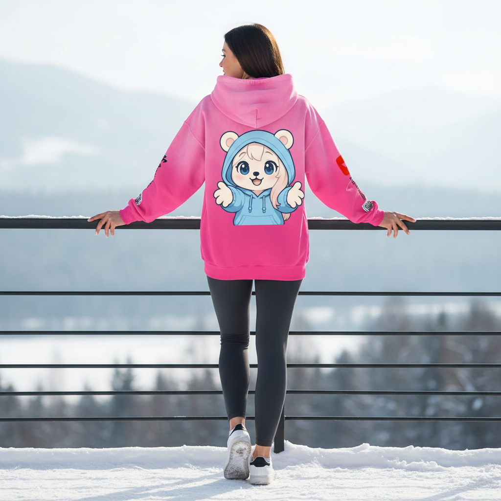 Woman in a pink hoodie with a cartoon character on the back, standing outdoors on a snowy balcony, facing away.