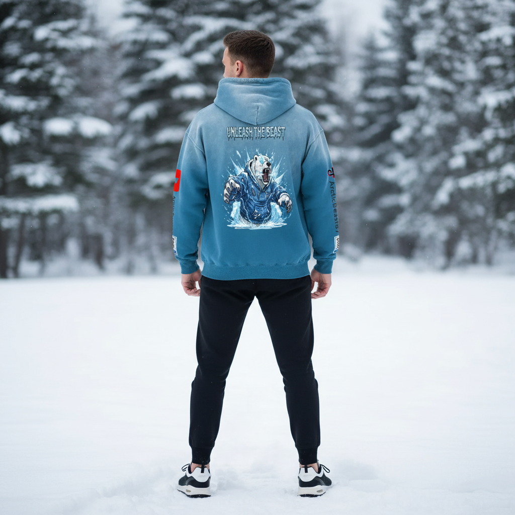 Man standing in snow wearing a blue hoodie with a graphic of a roaring polar bear and the text 'Unleash the Beast' on the back, surrounded by snow-covered trees.