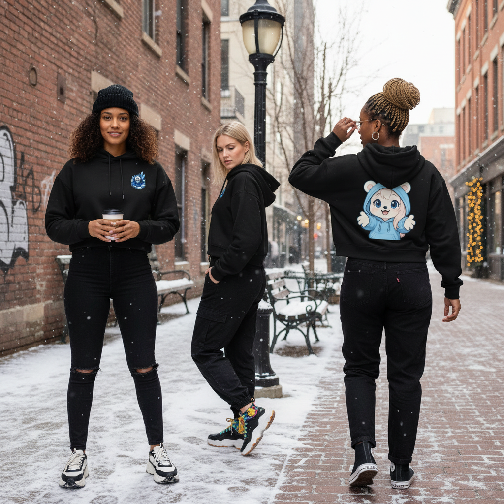 Three women standing on a snowy sidewalk in an urban area with brick buildings. They are wearing black hoodies and jeans, with two women facing forward and one walking away, all in winter attire.
