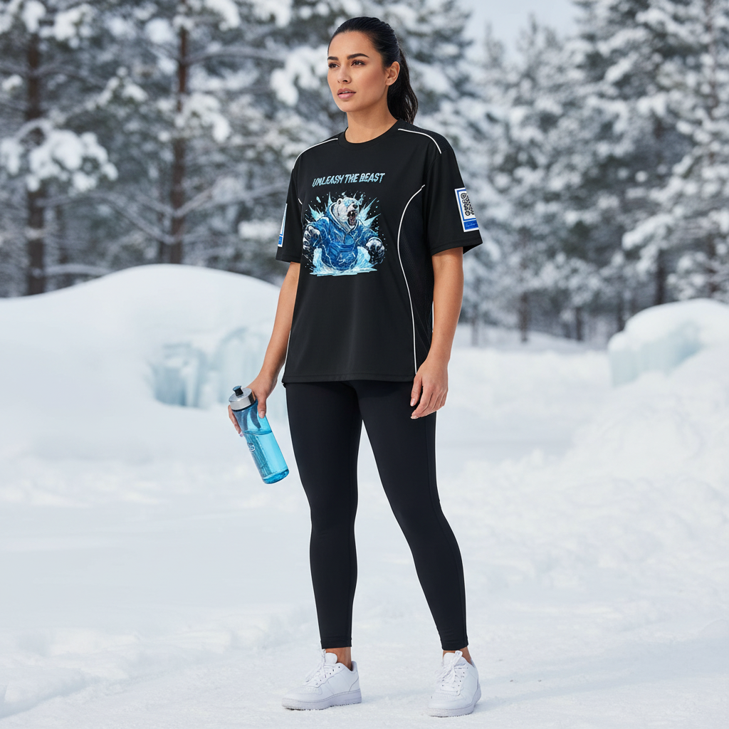 A woman stands in a snowy forest, dressed in black athletic wear, holding a water bottle, with snow-covered trees in the background.