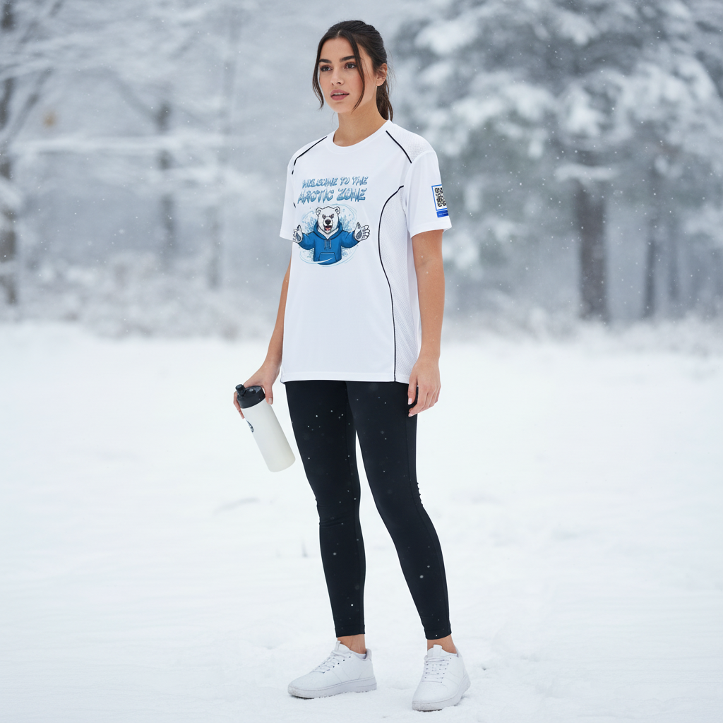 A woman standing in a snowy landscape holding a water bottle, wearing a white sports jersey, black leggings, and white sneakers.