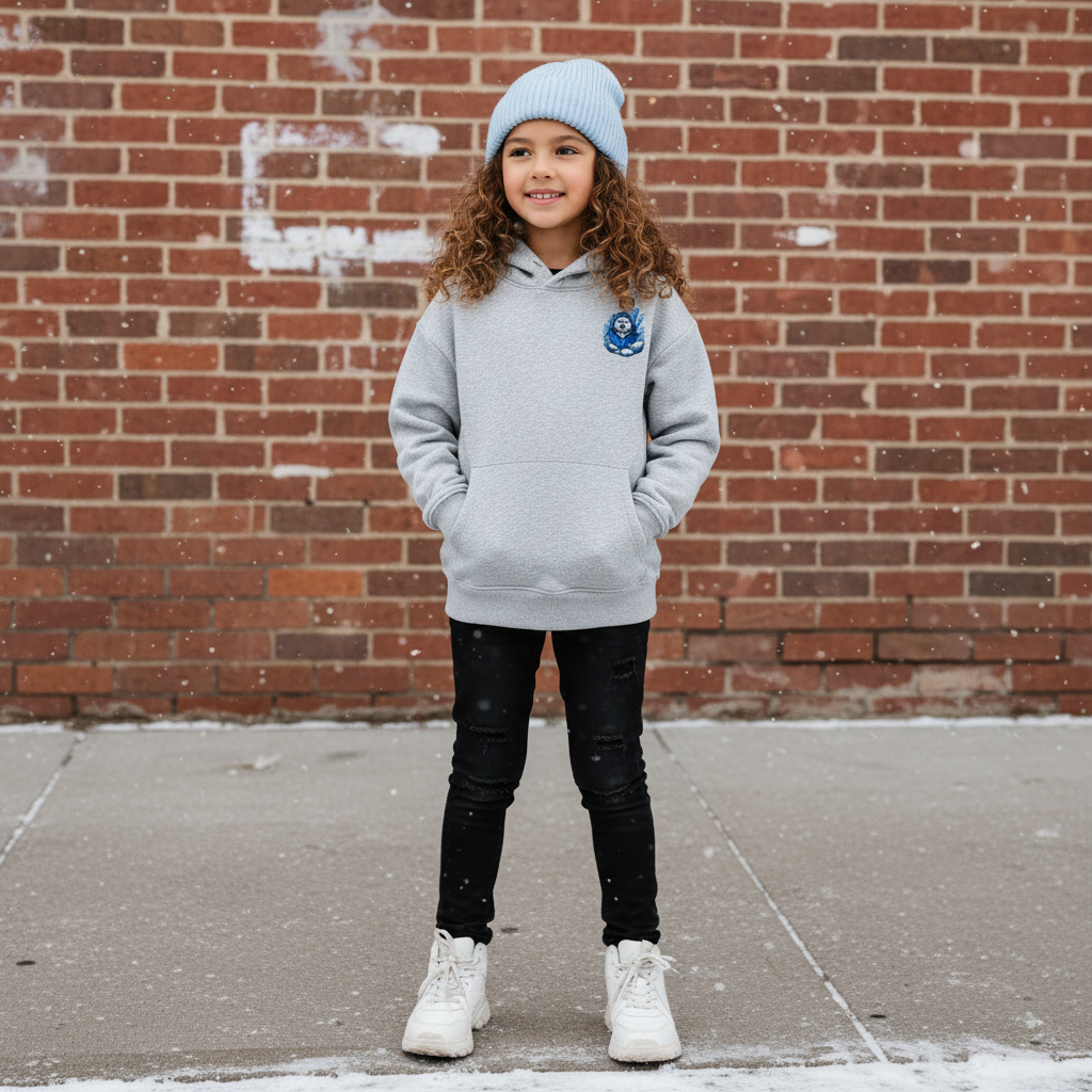 Young girl with curly hair wearing a light blue beanie, gray hoodie, black jeans, and white sneakers stands on a sidewalk in front of a brick wall with some snow and paint markings.