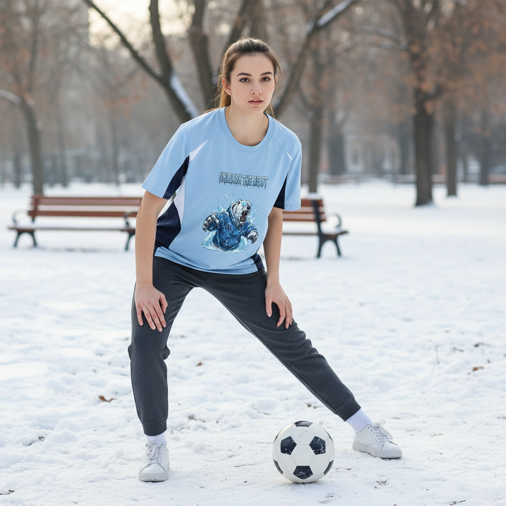 Young woman in a light blue sports jersey and dark gray sweatpants playing soccer on snow-covered field in winter park.