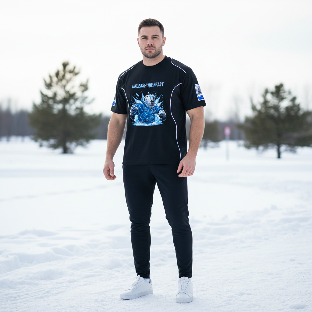 A man standing outdoors on snow in winter, wearing a black sports jersey with blue graphics and the words 'Unleash the Beast', paired with black pants and white sneakers.
