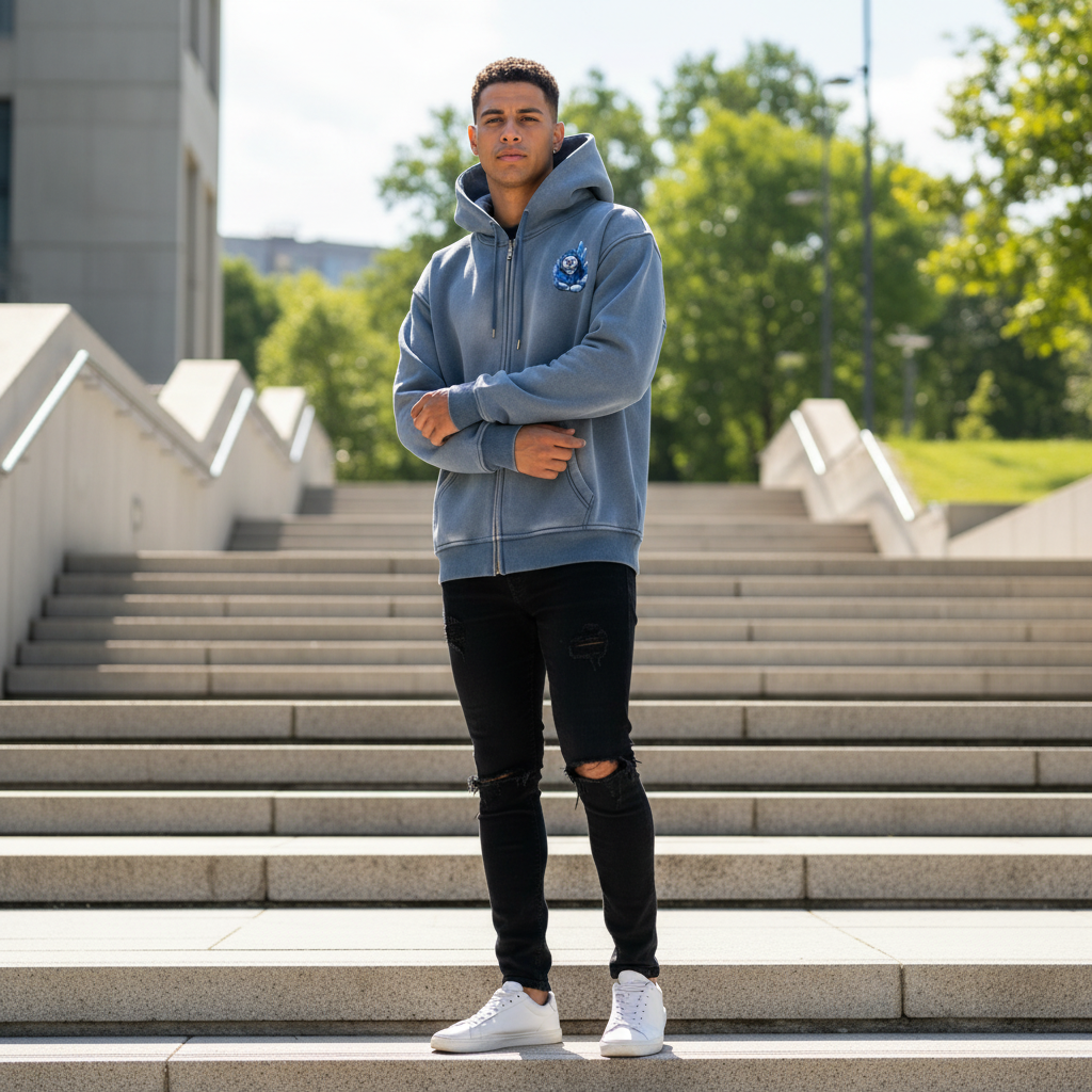 A young man standing on outdoor steps with trees and a building in the background, wearing a blue hoodie, ripped black jeans, and white sneakers.