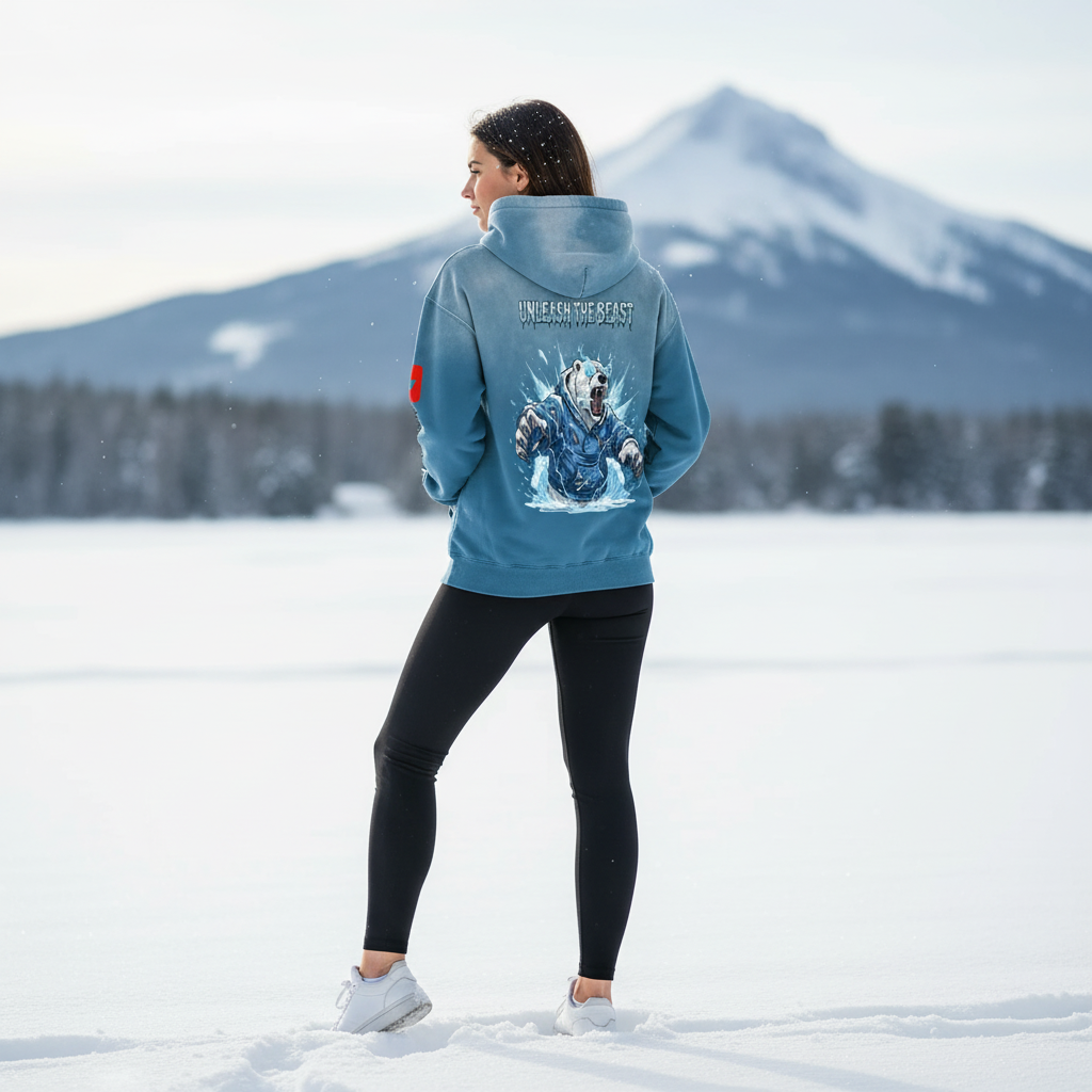 Woman standing on snow-covered landscape with a mountain in the background, wearing a blue hoodie with graphic art and black leggings.