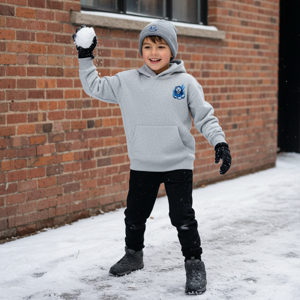 A young boy dressed in winter clothing, including a gray hoodie, gray beanie, and black gloves, standing on snow and playing with a snowball while smiling.