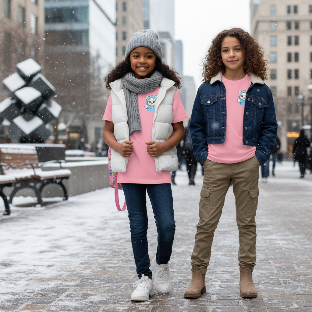 Two young girls standing outdoors on a snowy city street, smiling and dressed warmly in casual winter clothes.