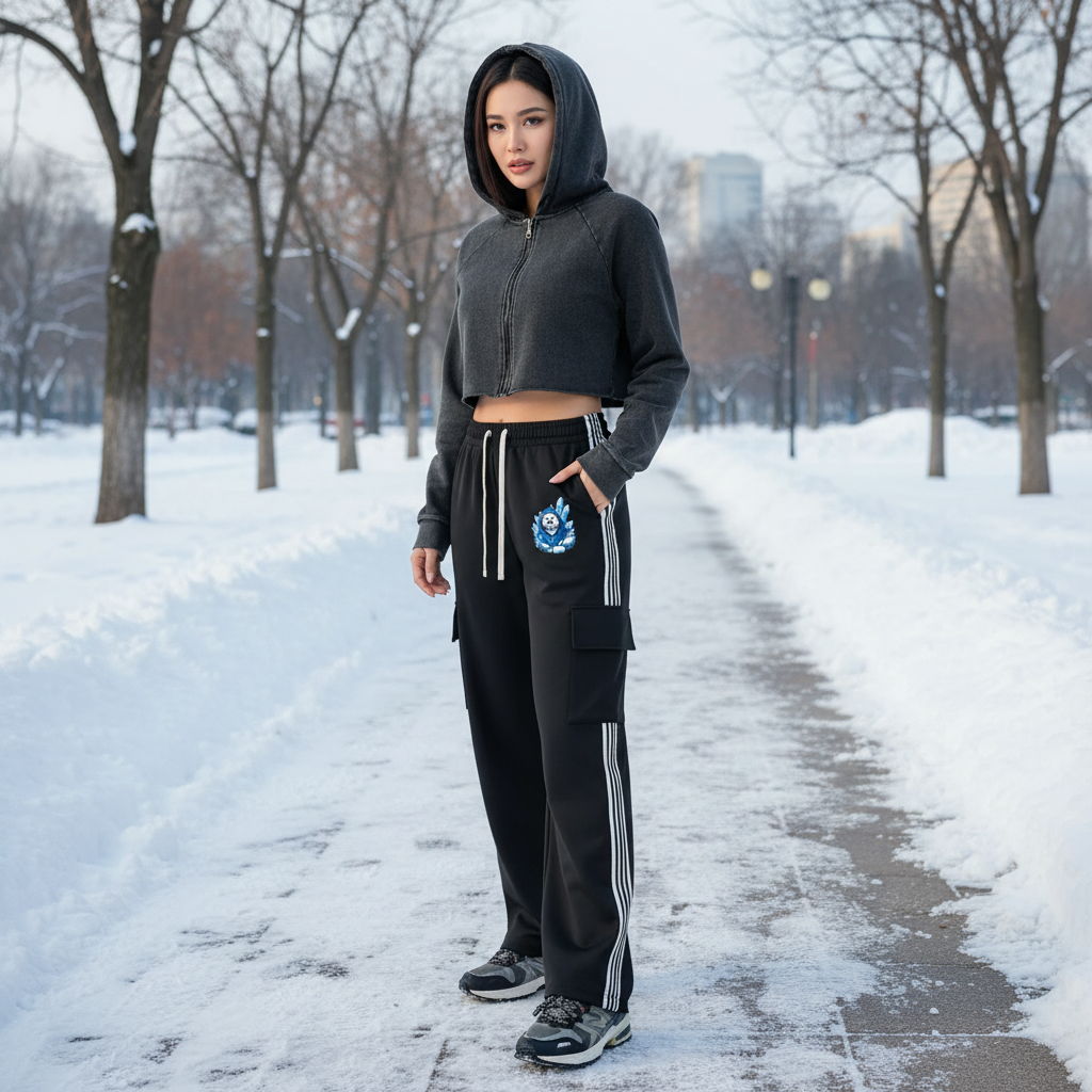 Woman wearing a dark hoodie and sweatpants standing on a snowy sidewalk in a park during winter.