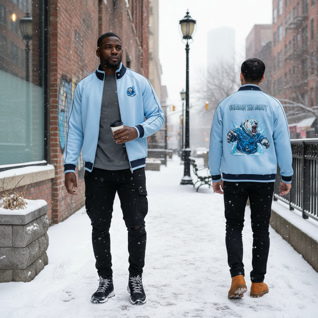 Two men walk on a snowy sidewalk in an urban area with brick buildings and street lamps. One man faces the camera and holds a coffee, while the other has his back to the camera. Both are wearing blue jackets, one with a bear graphic on the back.