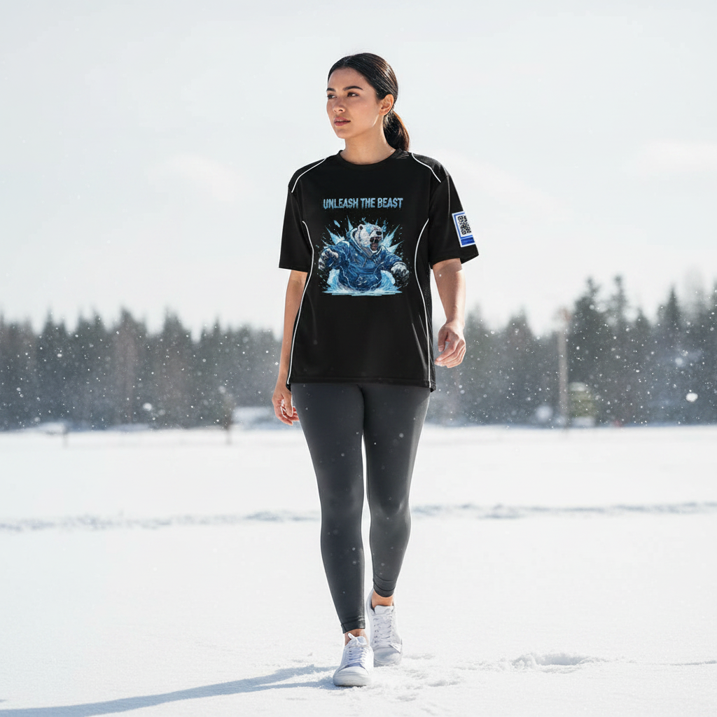 A woman walking in the snow on a cloudy day, wearing a black T-shirt with a graphic of a bear and the words "Unleash the Beast," black leggings, white sneakers, and sporting a ponytail.
