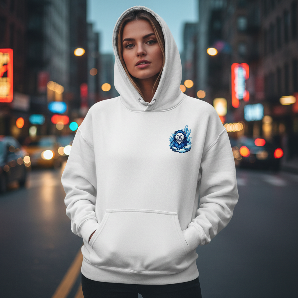 A young woman with blonde hair wearing a white hoodie with a blue bear logo on the chest, standing on a city street at dusk with blurred city lights in the background.