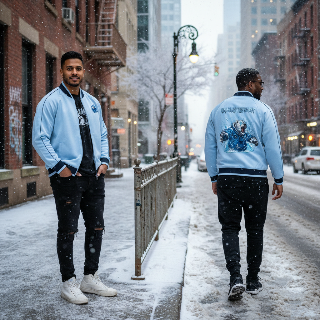 Two men walking on a snowy city street, one facing camera and smiling, wearing a light blue jacket, and the other with his back turned, also in a light blue jacket with a bear graphic on the back, during winter evening.