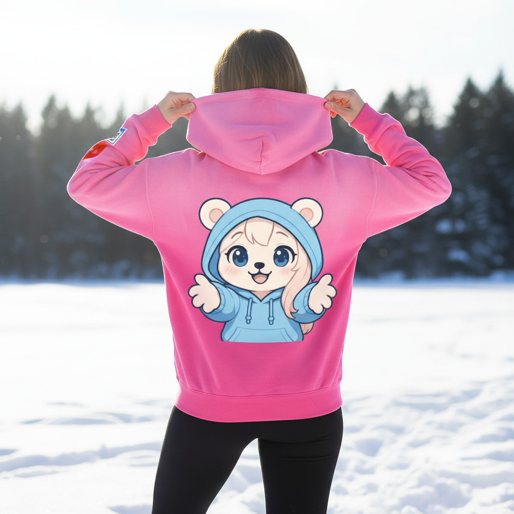 A person wearing a pink hoodie with a cartoon character on the back, standing in a snowy outdoor setting with trees in the background.