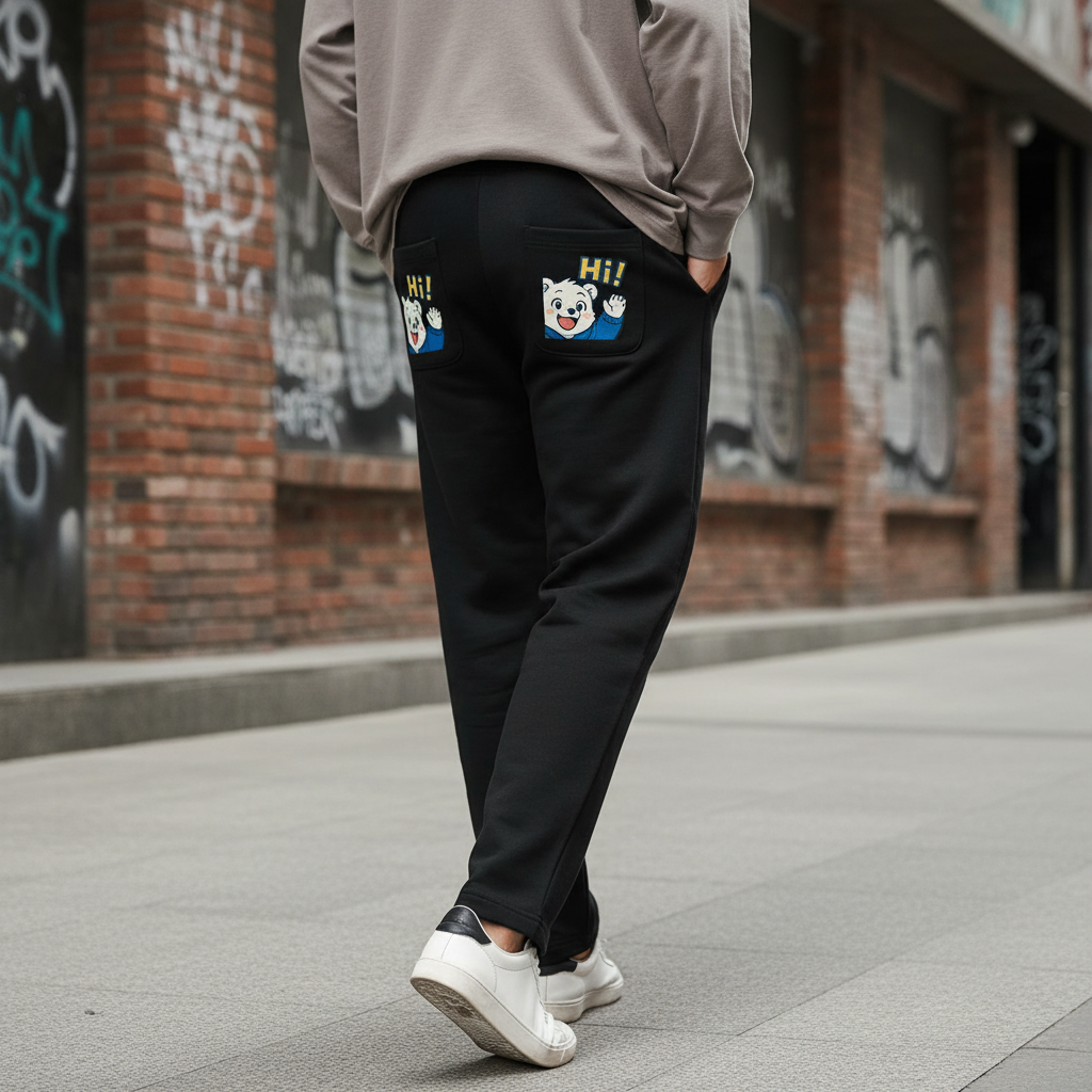 Person walking on city sidewalk wearing black pants with patches of a cartoon character and a gray hoodie.