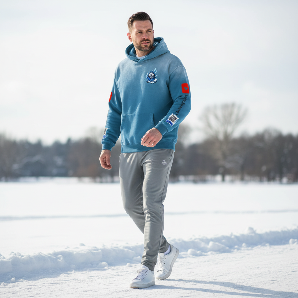 A man walking outdoors in a snowy landscape, wearing a blue hoodie with patches and logos, gray track pants, and white sneakers.