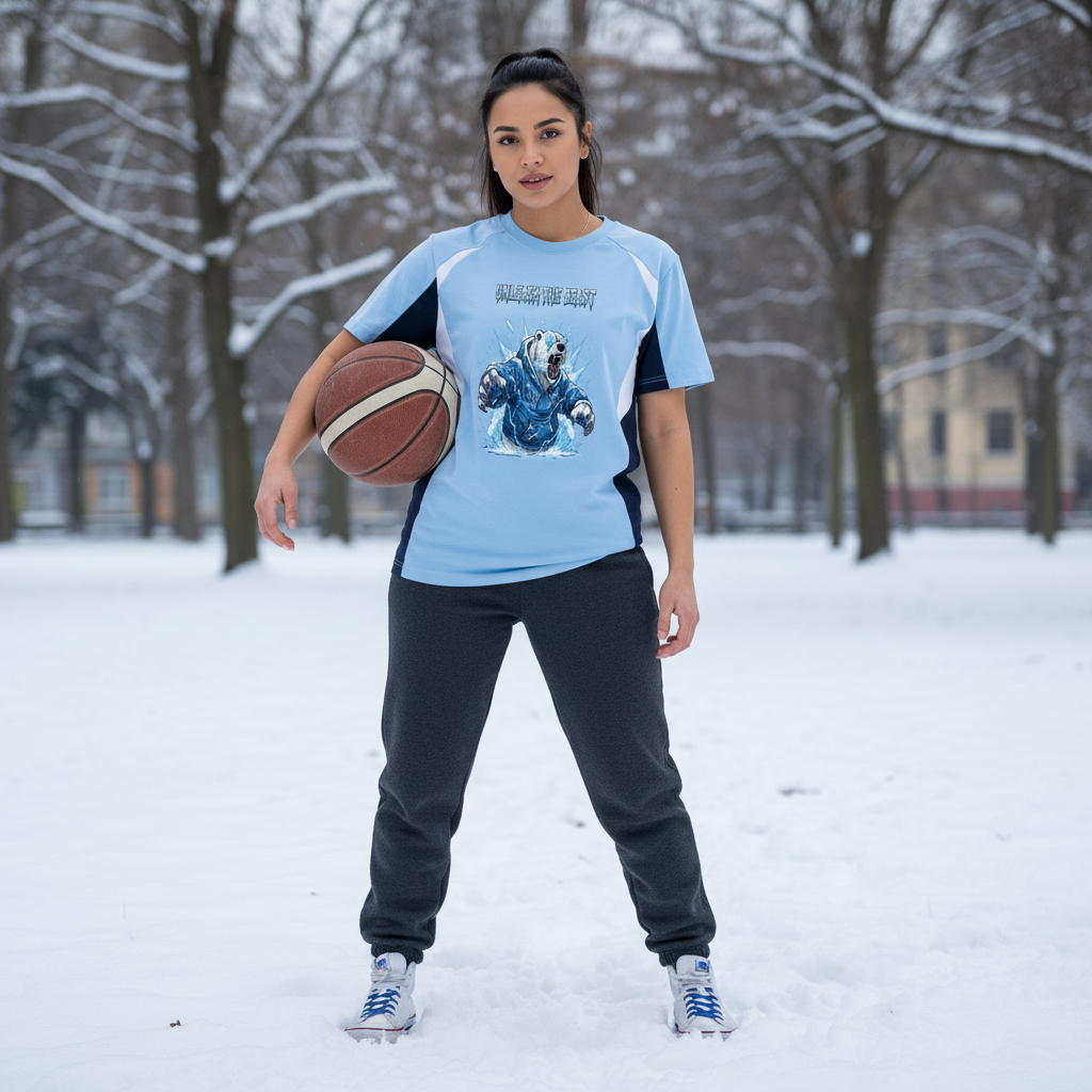 A young woman standing in a snowy park holding a basketball under her right arm, wearing a blue sports jersey, dark sweatpants, and sneakers.