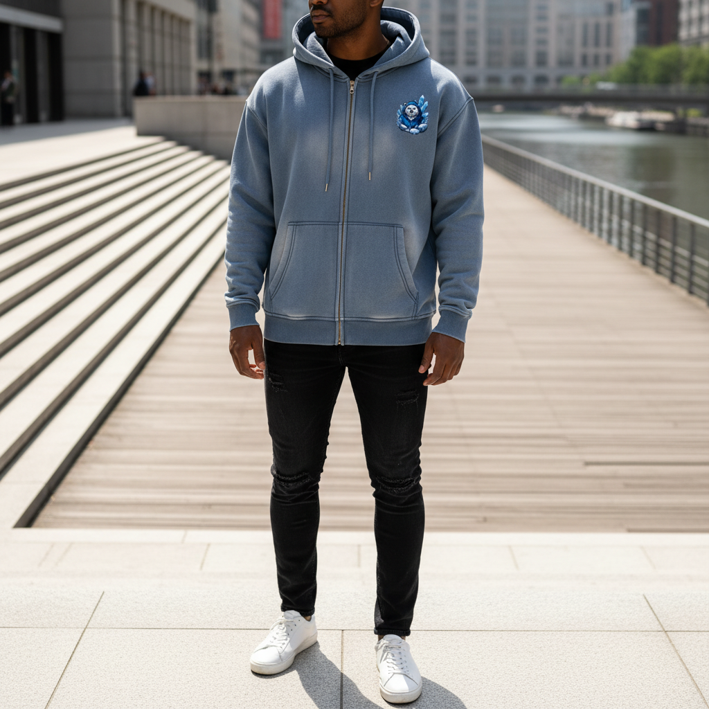 Man wearing a gray hoodie with an embroidered logo on a city sidewalk near a river.