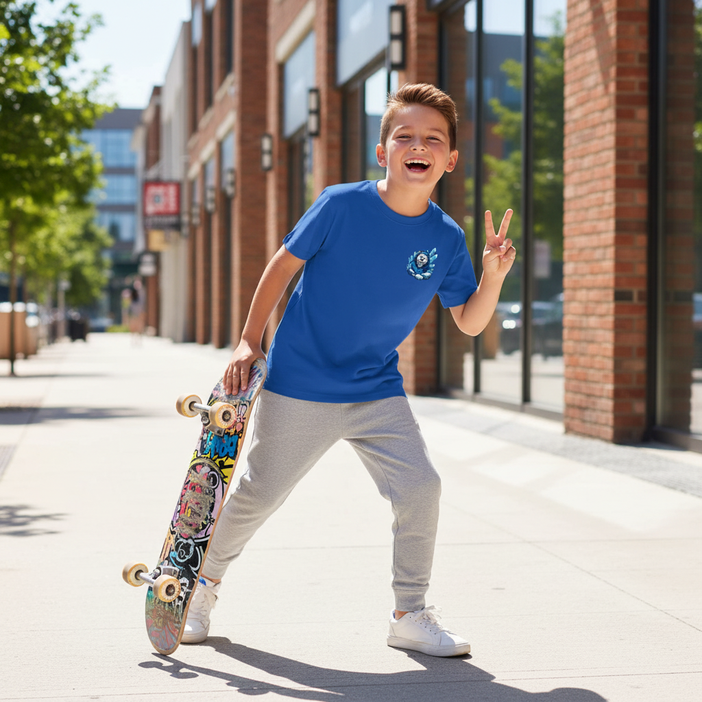 A young boy with short brown hair smiling and making a peace sign with his right hand while holding a skateboard with colorful graffiti art in his left hand, standing on a city sidewalk on a sunny day.