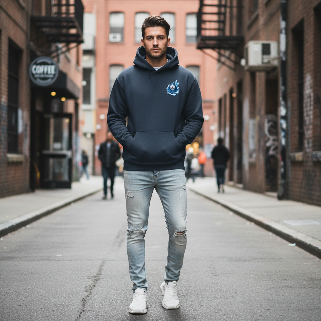 A young man standing in the middle of a city street with brick buildings on either side, wearing a navy hoodie, ripped jeans, and white sneakers, with his hands in his pockets and looking at the camera.