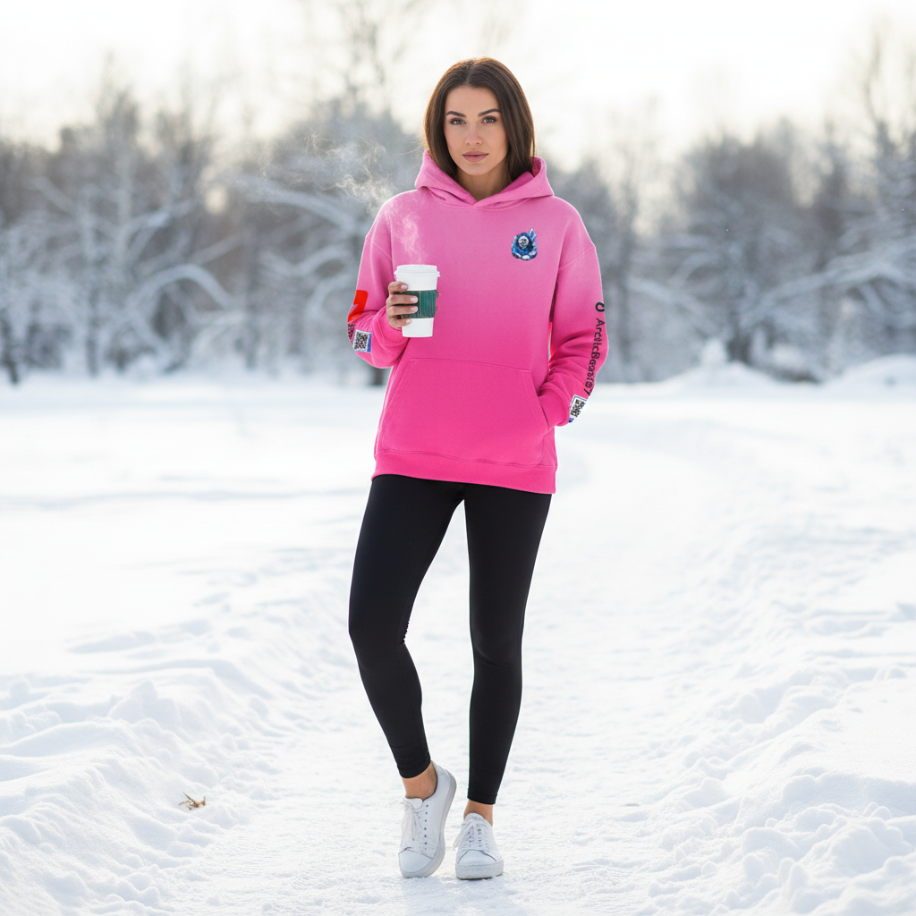 A young woman in a pink hoodie and black leggings standing on snow-covered ground outdoors, holding a coffee cup.