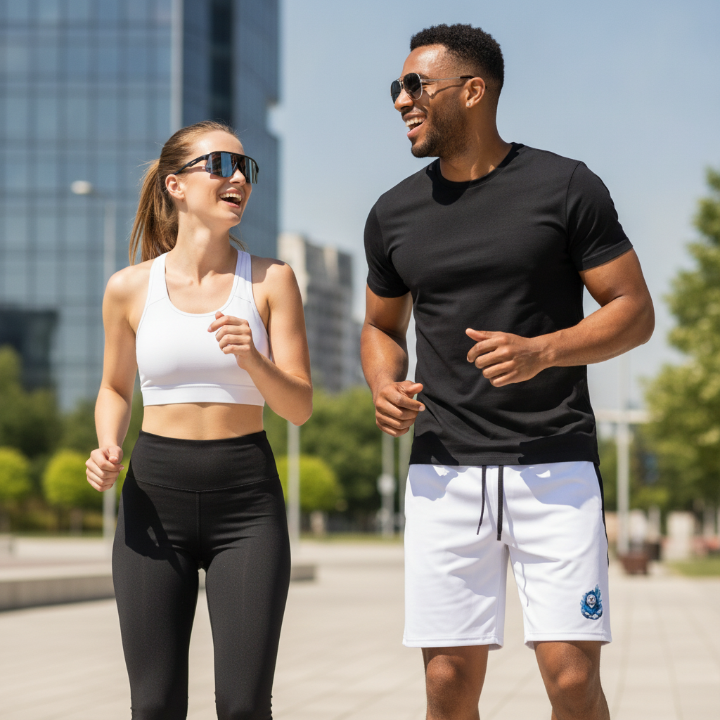 A man and woman jogging and laughing outdoors in a city park, both wearing athletic clothing and sunglasses.