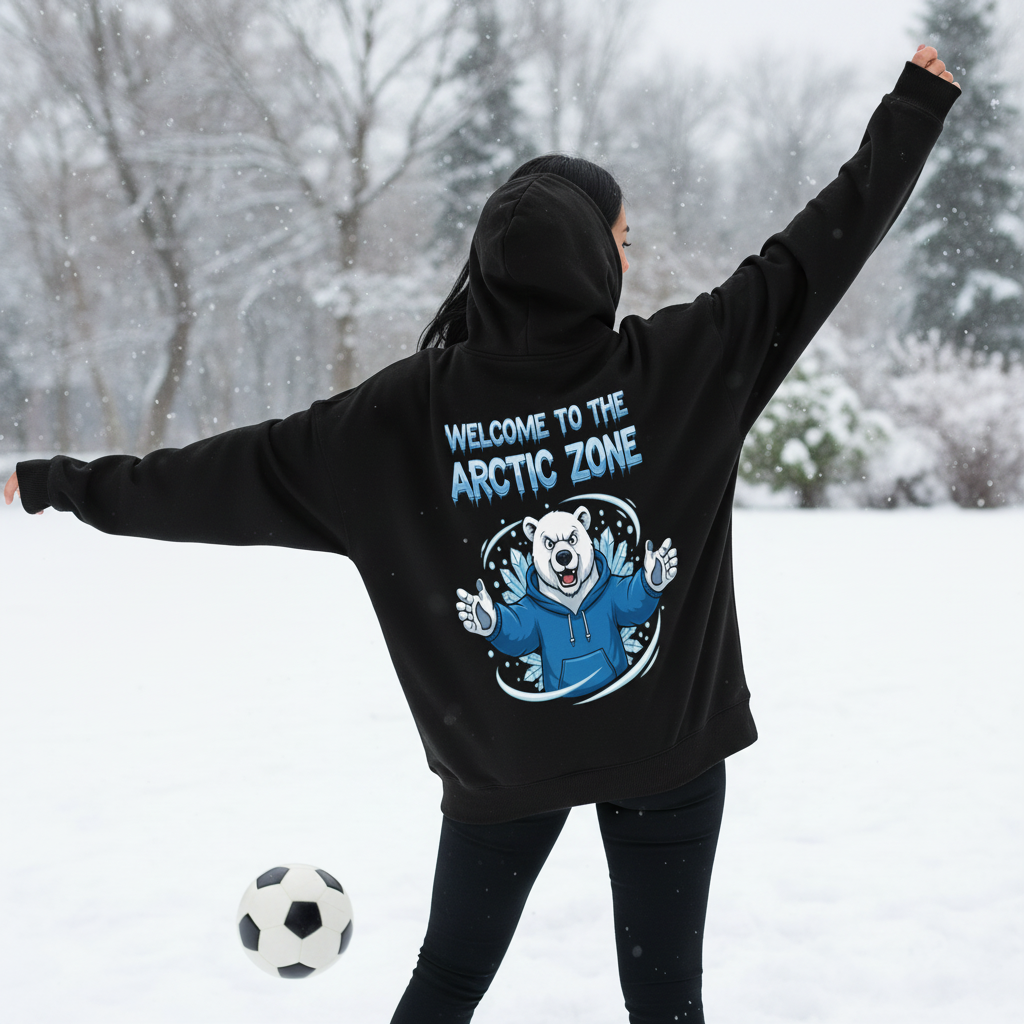 A person wearing a black hoodie with a cartoon bear and text that reads 'Welcome to the Arctic Zone' stands in a snow-covered landscape, holding their arms out, with a soccer ball on the ground.