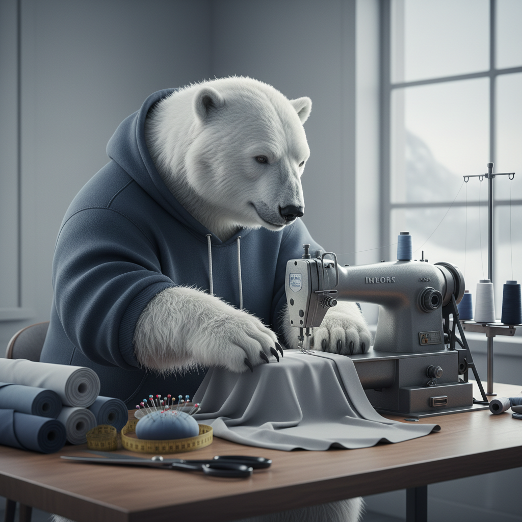 A humanoid polar bear sewing fabric with a vintage sewing machine in a well-lit sewing room.