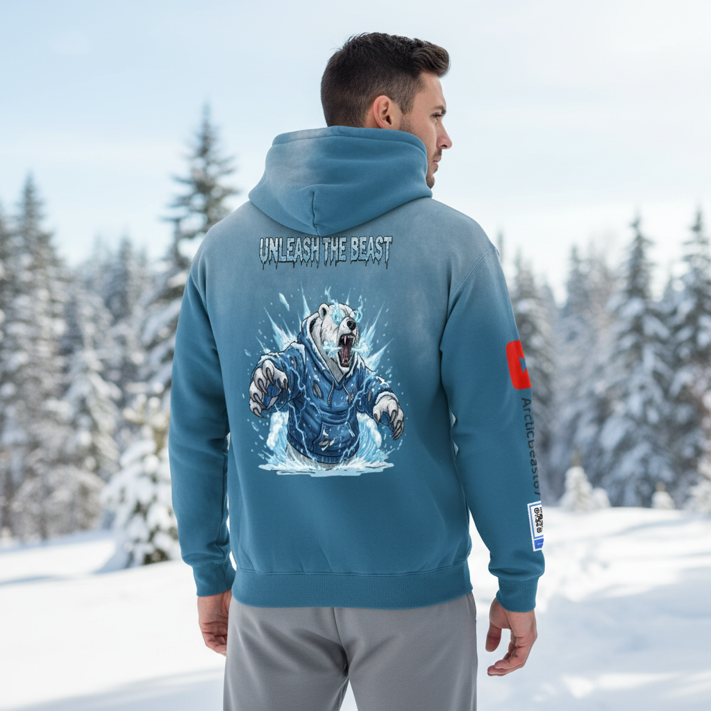A man in a blue hoodie with a graphic of an aggressive polar bear breaking through ice on the back, with the text 'Unleash the Beast'. The setting is a snowy, forested landscape.