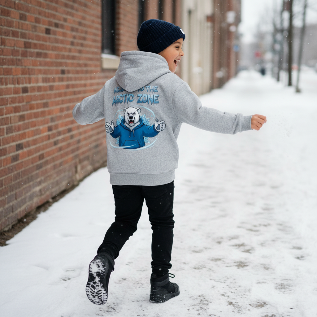 Young boy in a grey hoodie with a polar bear graphic and the text "Welcome to the Arctic Zone" on the back, playing in the snow on a sidewalk. He is wearing a navy beanie and black winter boots, and is smiling happily.