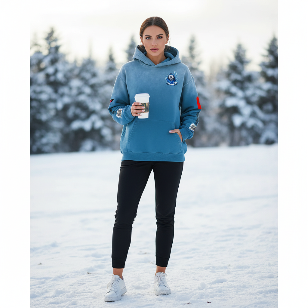A woman standing outdoors in a snowy landscape, holding a coffee cup, wearing a blue hoodie with patches and black pants.