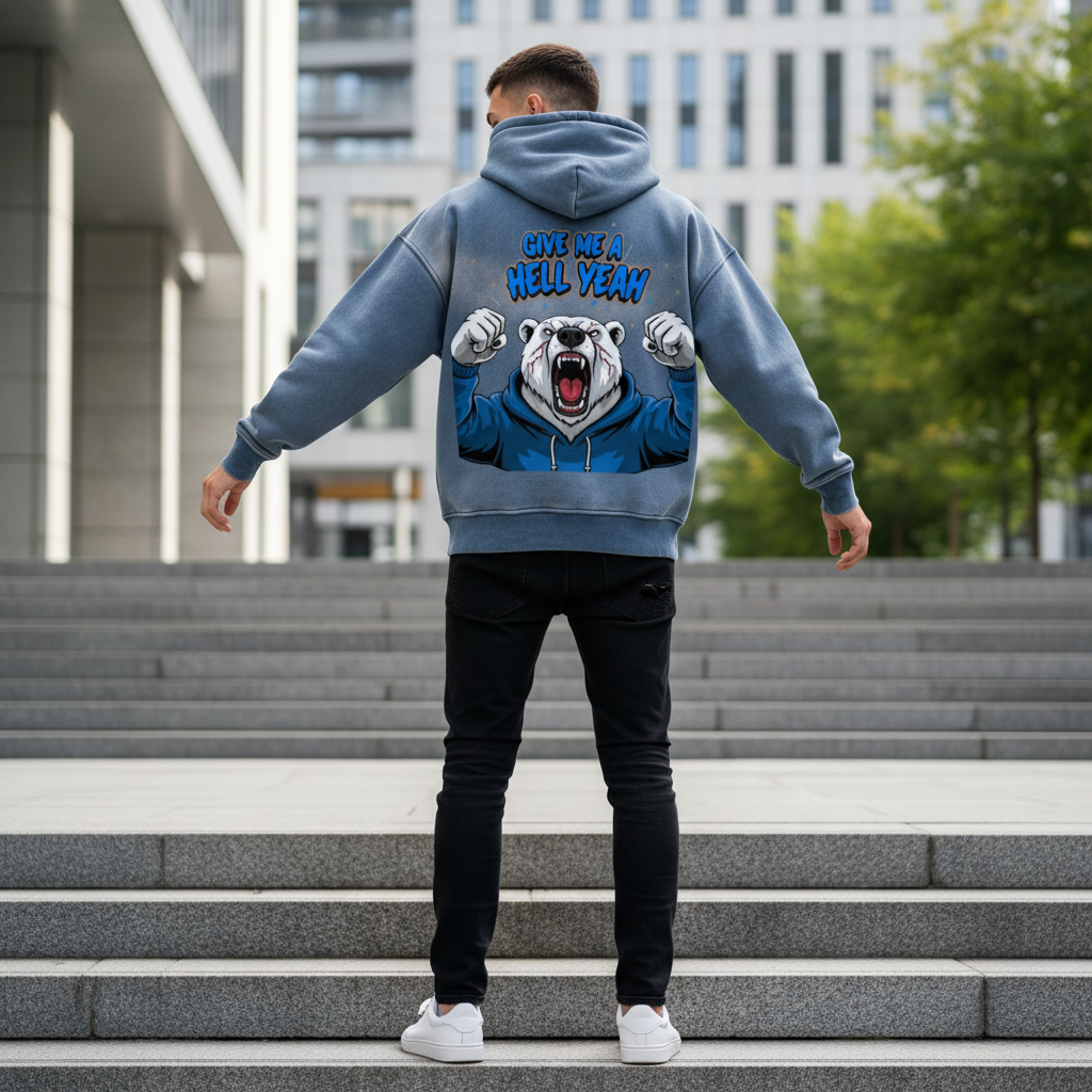 A person standing on outdoor stairs, facing away, wearing a blue hoodie with a graphic of a roaring bear and the text 'Give Me a Hell Yeah' on the back, in an urban environment with modern buildings and trees in the background.