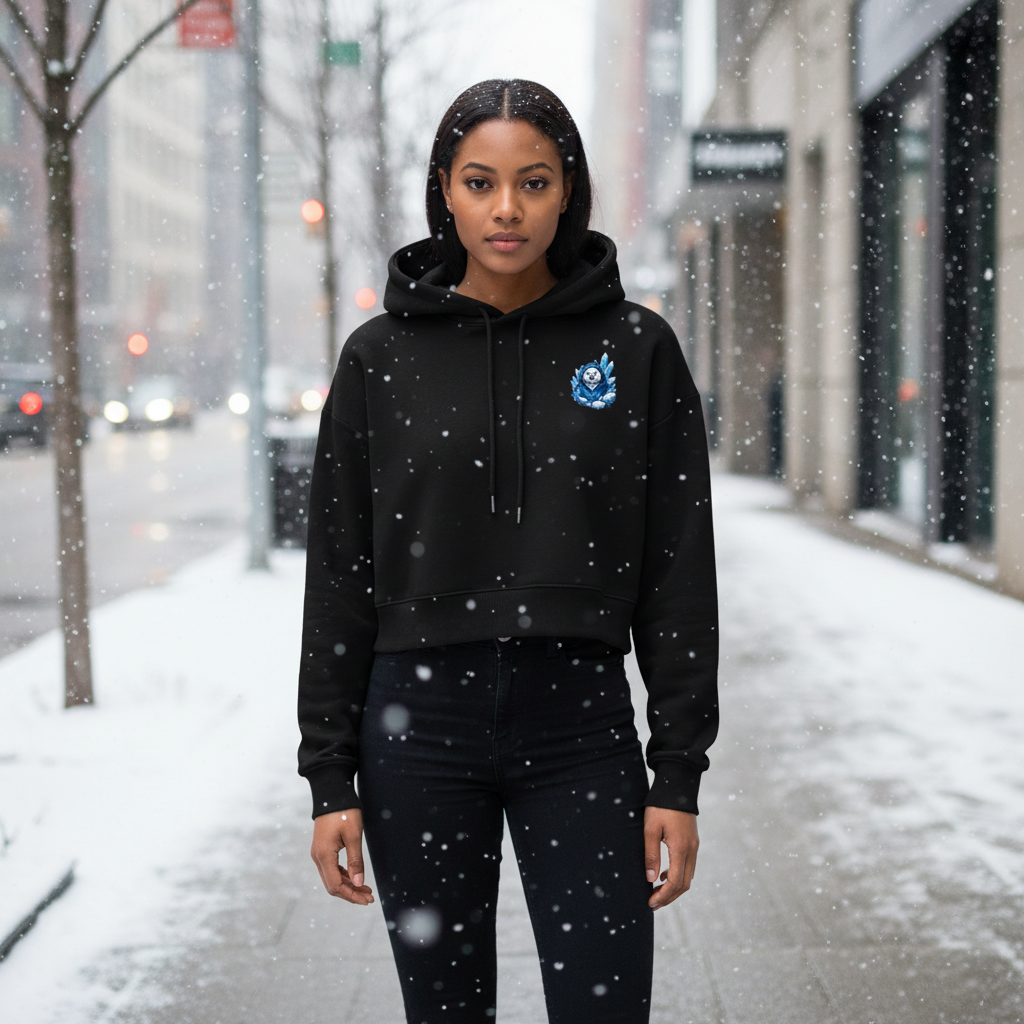 A young woman standing on a snowy city sidewalk wearing a black hoodie with a blue embroidered logo.
