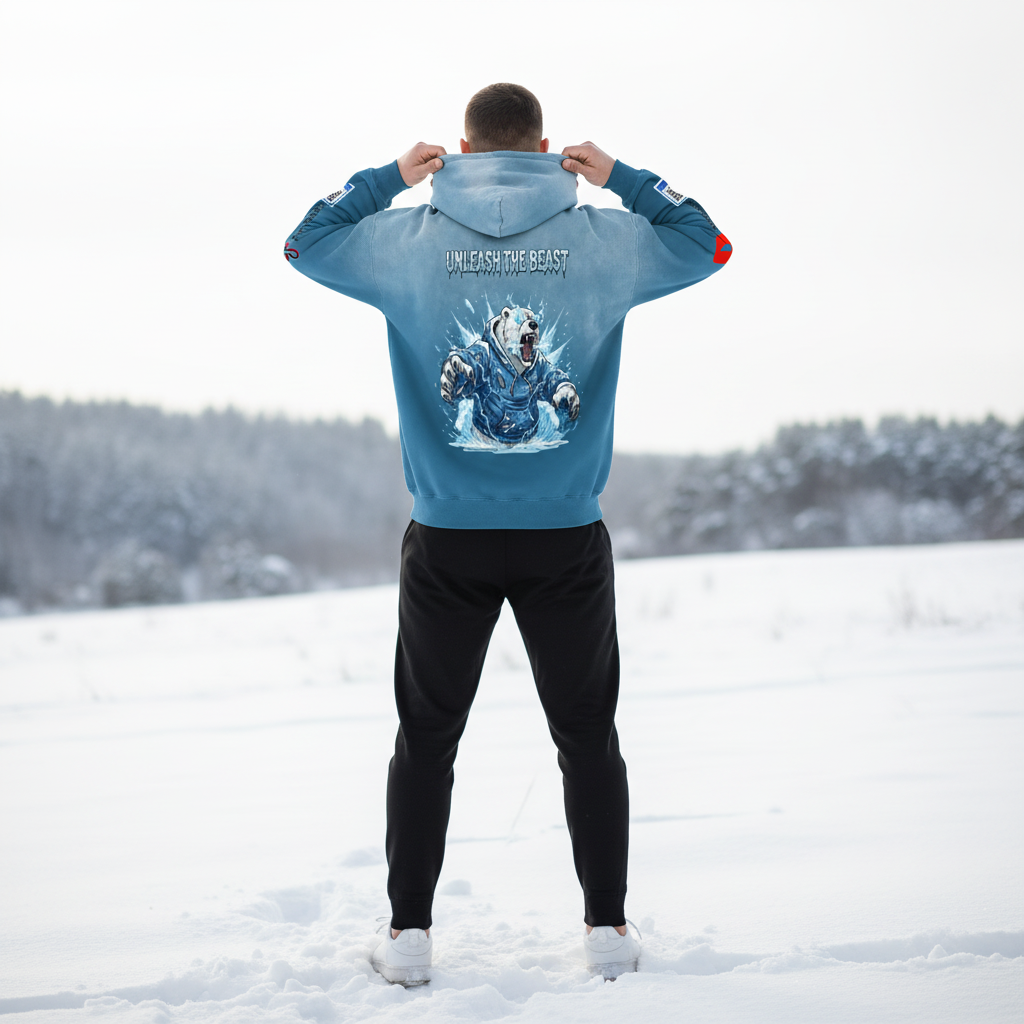 A person standing in a snowy landscape wearing a blue hoodie with a bear graphic and the words "Unleash the Beast" on the back.