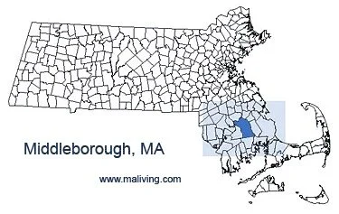 Map of the state of Massachusetts with Middlesbrough highlighted, showing counties in a detailed outline style.