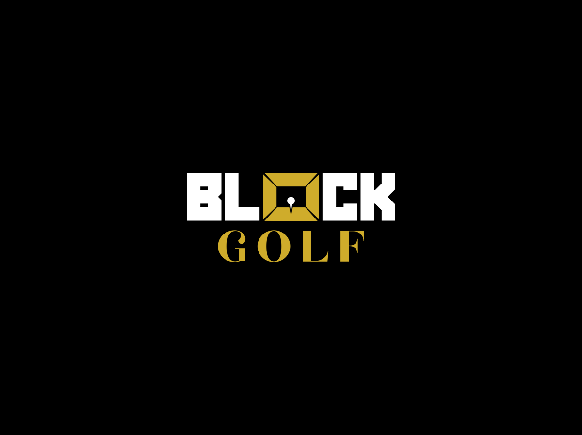 Logo for Black Golf, featuring the words 'BLACK' in white with a gold square and a keyhole in the middle, and 'GOLF' in gold below.