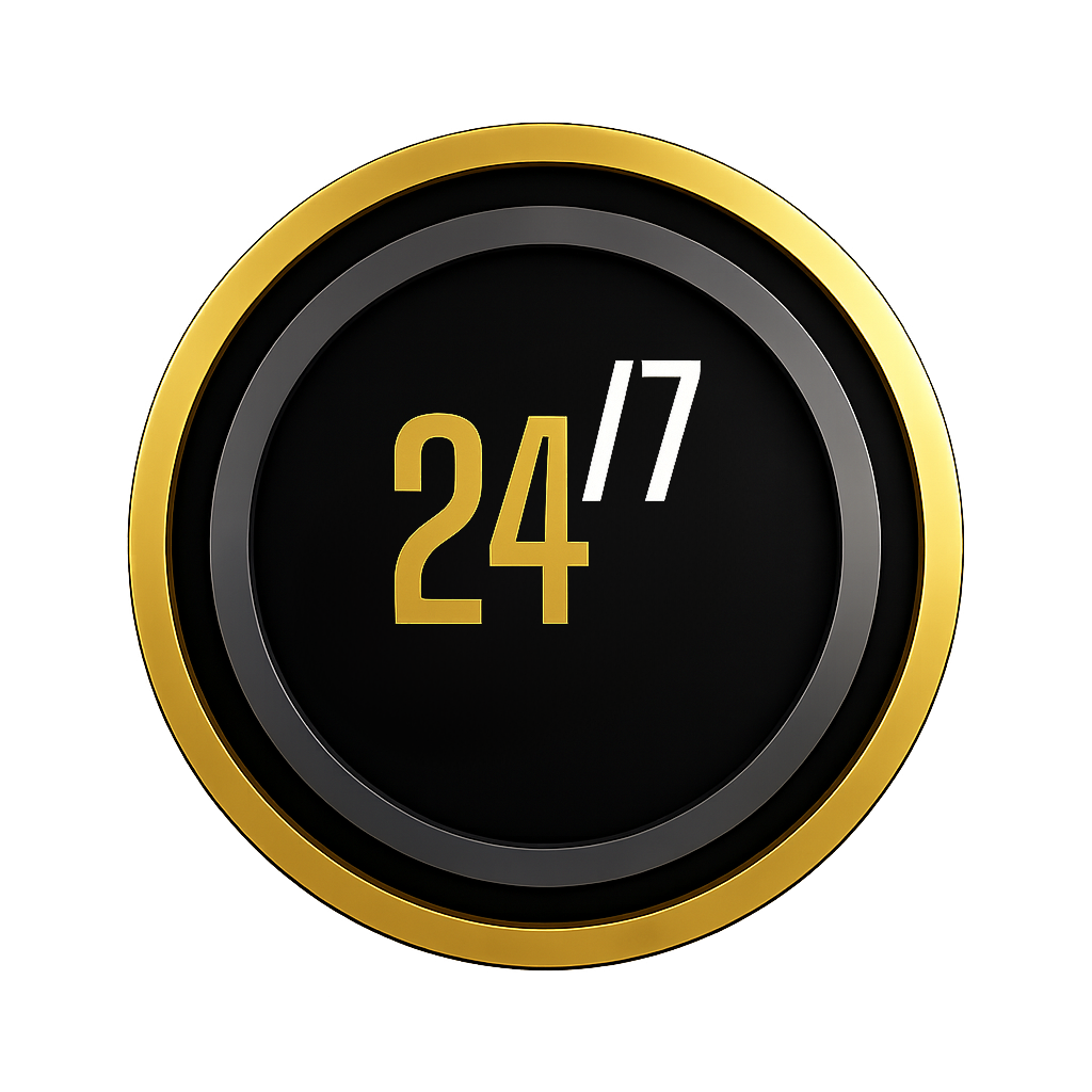 The image shows a round digital clock with a black face, displaying the time as 24:17 in yellow and white text. The clock has a gold-colored outer rim and is set against a black and yellow background.