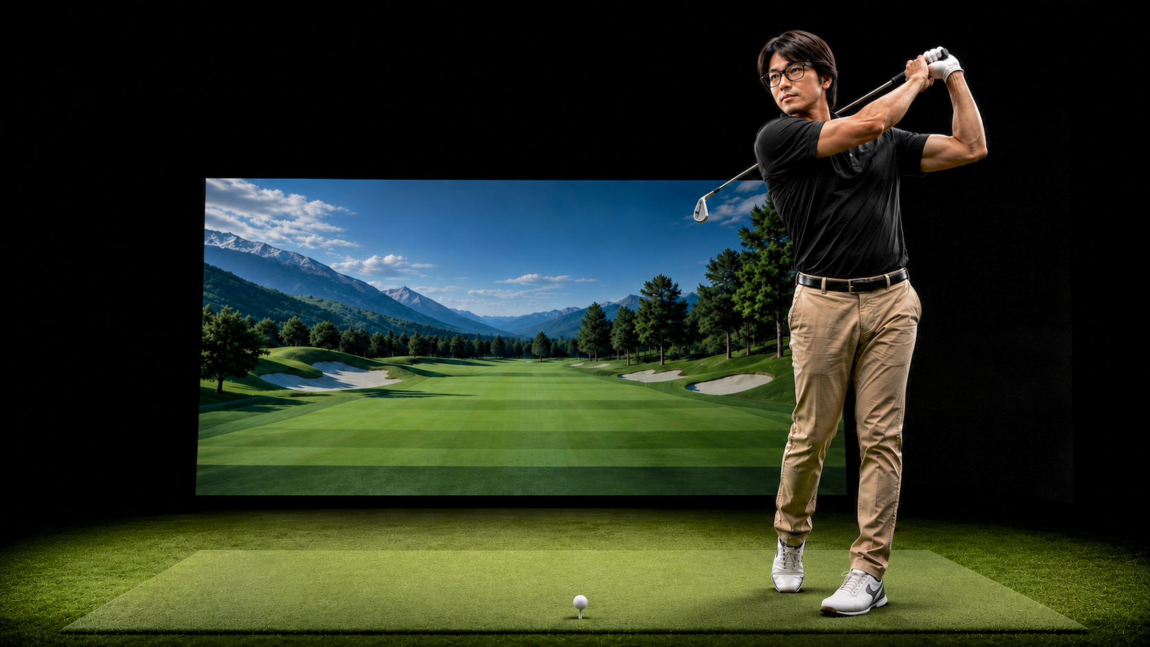 A man in golf attire holding a golf club in a golf simulator room with a large screen displaying a mountain landscape golf course.