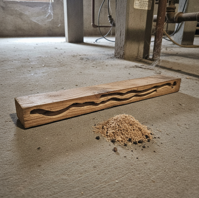 close-up of chewed wooden doorframe with sawdust pile