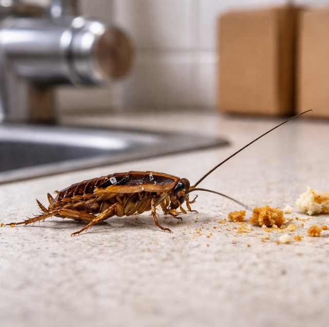 three cockroaches crawling near scattered food crumbs